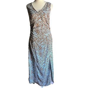 ZARA | Baby Blue and Brown Zebra V Neck Cocktail Dress with Slit | Size Small